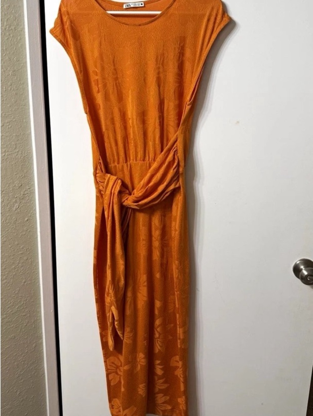 Zara Orange Floral Maxi Dress with Waist Tie